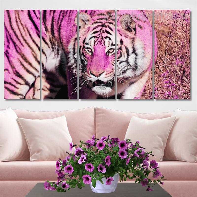 Portrait Of A Bengal Tiger Animal Modern Stretched Painting Photograph 5 Piece Framed Canvas Wall Art Prints Set For Home Décor
